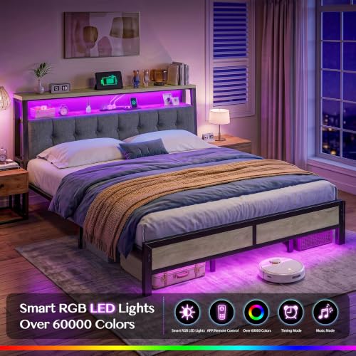Image of Homkdom King Bed Frame with Upholstered Headboard & Charging Station