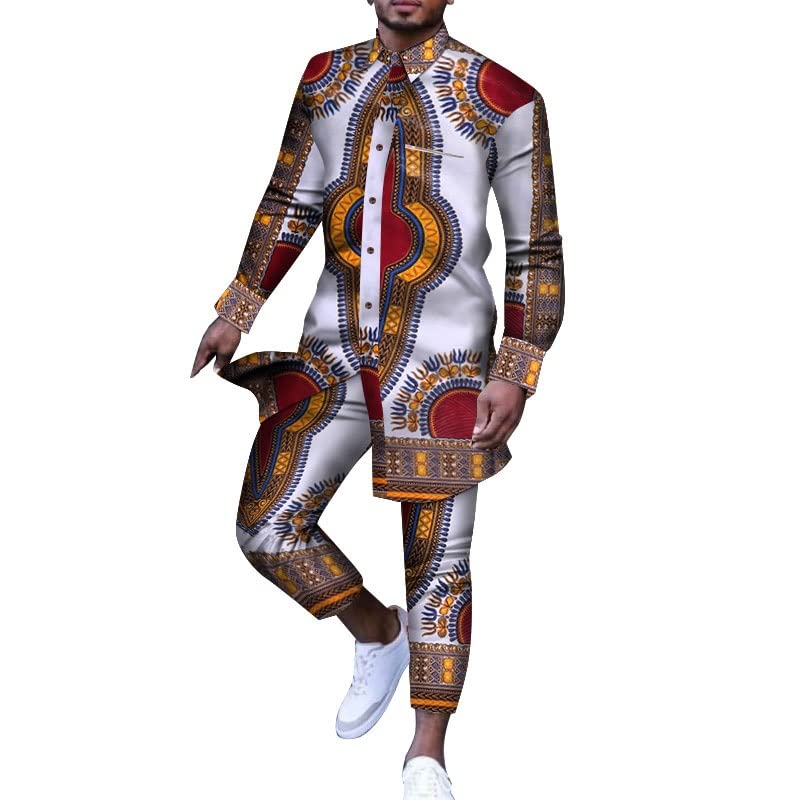 Afrilisco Mens Outfit African Clothes Ankara Print Dashiki Suit for Men Top Shirts and Trousers Pant 2 Pcs Set3