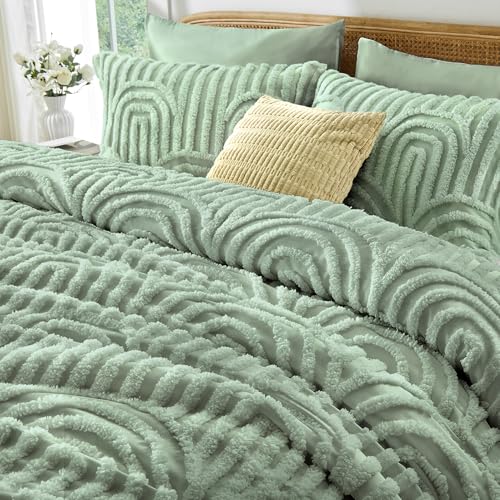 Image of Nesker Boho Tufted Full Comforter Set, 7 Pcs Sage Green Bedding Sets, Soft Cozy Chic Bed in a Bag, Arch Pattern Shabby Bed Set All Season with Comforter, Fitted Sheet, Flat Sheet & Pillowcases