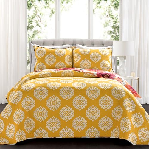 Image of Lush Decor Leah Reversible Floral Quilt Set, 3 Piece Set, Full / Queen, Red & Orange - Watercolor Botanical - Cottage Core - French Country Decor- Bedding Queen Size