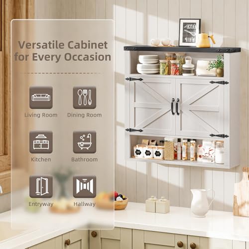 Image of Bathroom Wall Cabinet, Farmhouse Medicine Cabinet with Adjustable Shelves and 2 Barn Doors, Wall Mounted Over the Toilet Storage Cabinet for Bathroom, Laundry Room, Kitchen, Rustic White and Black