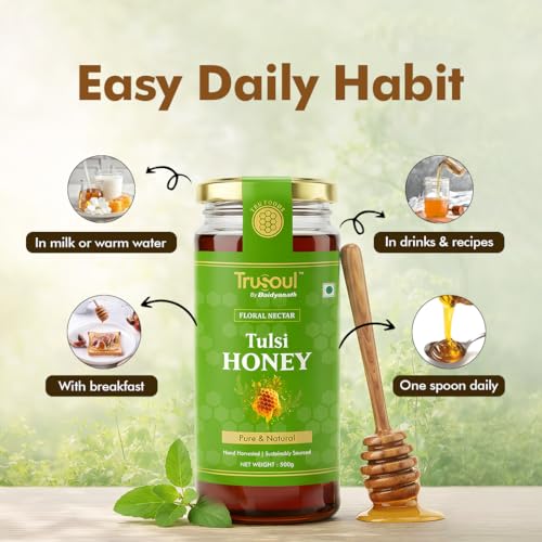 Image of Baidyanath TruSoul Pure & Natural Tulsi Honey 500g | Wild Forest Sourced | Natural Immunity Booster | Raw & Unprocessed Honey | No Adultration | Glass Jar | Lab Certified (Pack of 2)