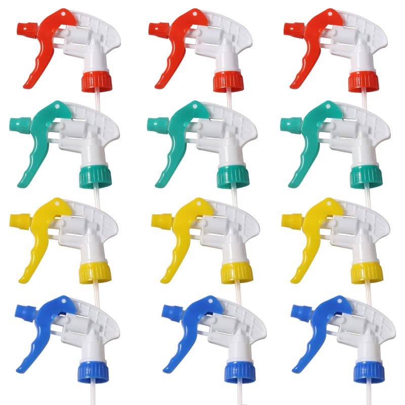 CLICIC 12 Pack Trigger Sprayer Replacement Nozzle, Trigger Sprayer Bottle Heads for 16oz / 32oz Spray Bottles, Stream Mist Bottle Nozzle with 9-Inch Tube for Cleaning Home, Car Detailing