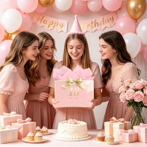 Image of JMANNI Birthday Gift Bag with Card and Tissue Paper for Men Women Him, Elegant Pink Gold Anniversary Keepsake Party Present Shopping Paper Bags for Gifts Wrapping Pink / 13 inch Medium /EST.2008 18th
