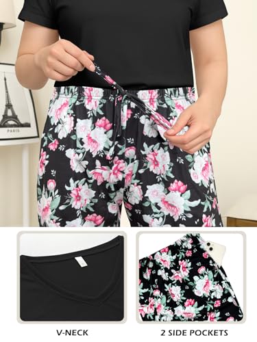 Womens Modal Plus Size Pajamas Capri Pajama Sets Soft Pjs V Neck Shirt Printed Capri Pants With Drawstring S-3XL4