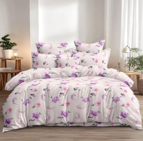 Image of DECOR2ADMIRE 300TC Premium Glace Cotton Printed Super King Size Double Bedsheet with Two Pillow Covers, 108 * 108 Inches or 9ft by 9ft or 275 cm x 275 cm (Cream Blooms)