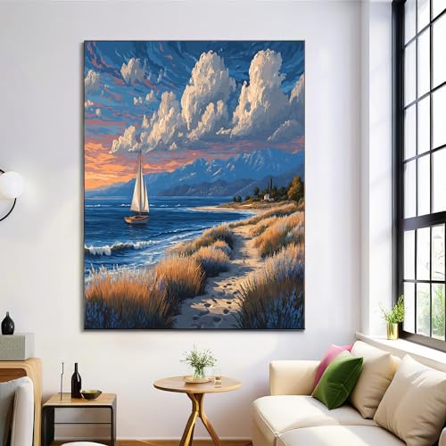 Lienzo de océano azul con velero índigo, póster estético de 60x90 cm sin marco para dormitorio