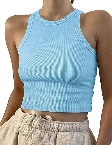 Image of Artfish Women Casual Basic Sleeveless High Neck Rib-Knit Y2k Crop Tank Top