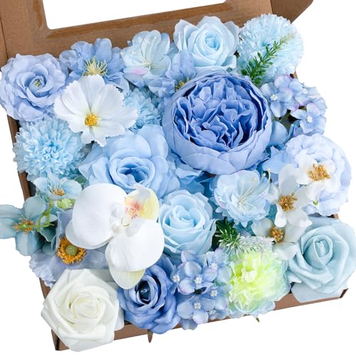 BSMYBO Artificial Flowers Combo Baby Blue Flowers Mix Roses Peonies Hydrangea Orchids Poppy Daisy with Stems for Wedding Bridal Bouquets Baby Shower Floral Arrangement Table Centerpieces Home Decor