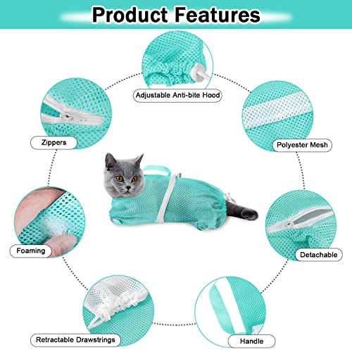 Image of JULMELON 10 PCS Cat Washing Bag for Bath Shower Adjustable Net Grooming Set | Pet Brush Nail Clipper File, Hair Combs Tick Tool, Nail Caps, Bathing Trimming Examination, Pink and Green