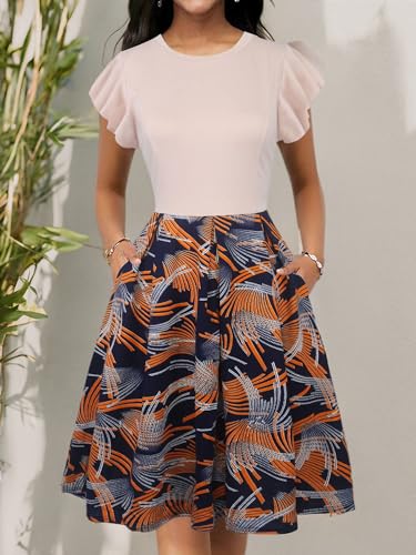 Image of oxiuly Women's Flounce Sleeve Wedding Church Vintage Dresses Casual Floral Party Cocktail Work Dress with Pockets Fei376