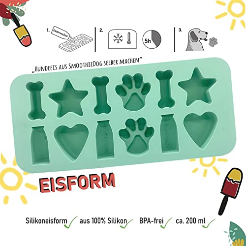 SmoothieDog Eiswürfelform aus Silikon + 6x Trinkpause (Ente) je 250ml Hundesmoothie - Hundeeis selber machen - BPA-frei, Eisform, Herz, Stern, Pfote, Knochen, Eiswürfelform, Hundekekse backen