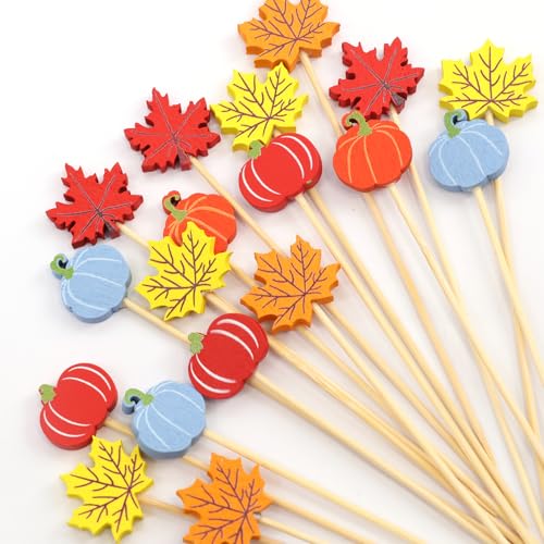 Worldbazaar Fall Cocktail Picks 120 Pcs Thanksgiving Toothpicks for Appetizers Pumpkin Maple Leaves Fruit Food Sticks Harvest Turkey Party Decorations