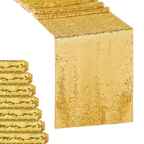 HESTYA 8 Pieces Wedding Sequin Table Runner Glitter Sparkly 12 by 108 Inch for Wedding Engagement Birthday Summer Theme Party Bridal Baby Shower Dresser Decorations (Gold)