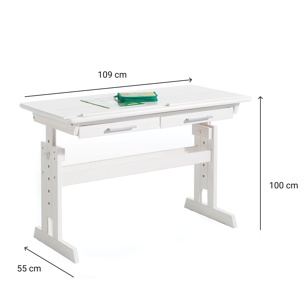 IDIMEX Bureau Enfant écolier Junior Olivia Table à Dessin réglable en Hauteur et pupitre inclinable avec 2 tiroirs, Bureau évolutif en pin Massif lasuré Blanc