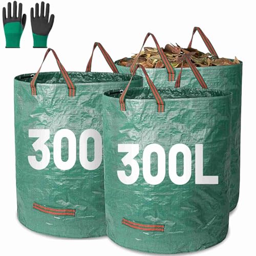 Garden Waste Bags 3Pcs 300L Large Garden Sacks with Handles Heavy Duty Reusable Rubbish Gardening Leaf Bags with Gloves Foldable Camping Recycling Bag for Collecting Grass Leaves Trash Debris