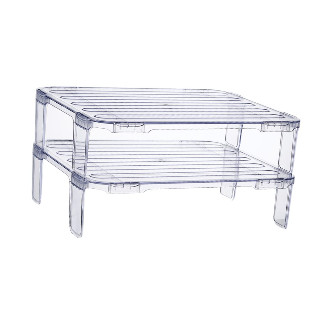 Juego de 2 estantes transparentes apilables para almacenamiento de placas de refrigerador, estantes organizadores para congelador y armario de refrigerador