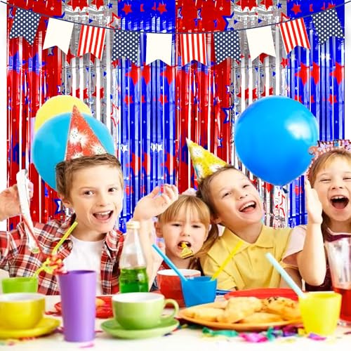 Image of TONIFUL 4th of July Decorations,Red White and Blue Tinsel Foil Fringe Curtains,Independence Day Photo Booth Backdrop,America Star Metallic Door Streamers for Patriotic Party Memorial Day Labor Day