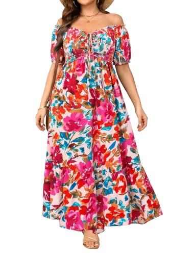 Image of Plus Size Sun Dresses Women - Summer Off the Shoulder Puff Sleeve A Line Boho Maxi Flow Long Dress 2025