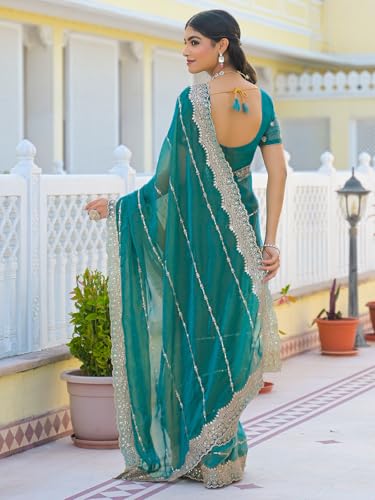 Image of Satrani Women's Shimmer Chiffon Scalloped Border Sequins Embroidery Saree with Unstitched Blouse Piece