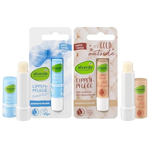 alverde NATURKOSMETIK 2er-Set Lippenpflege: Lippenpflegestift SENSITIV für spröde, trockene & rissige Lippen (4,8 g) + Lippenpflegestift ITS`S COLD OUTSIDE schützt empfindliche Lippen (4,8 g), 9,6 g