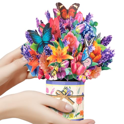 CNLITIHEKA Butterfly Flower Bouquet Pop Up Card Mother's Day Flower Card Get Well Soon Card Pop Up Greeting Card 3D Birthday Card Includes Envelope and Note Tag.