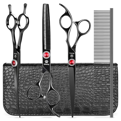 Image of GLADOG 7 Inch Professional Dog Grooming Scissors Kit, 5-in-1 Titanium Coated Pet Grooming Shears Set, Heavy Duty Grooming Scissors for Dogs (Pro Black)
