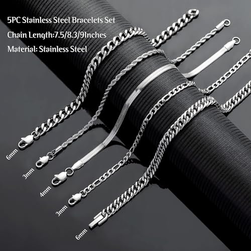 RANKEEF 5PC Chain Bracelet for Men - Stainless Steel Figaro Rope Cuban Link Set 7.5/8.3/9 Inches Mens Silver Bracelet- Gifts for Dad, Husband, Boyfriend3