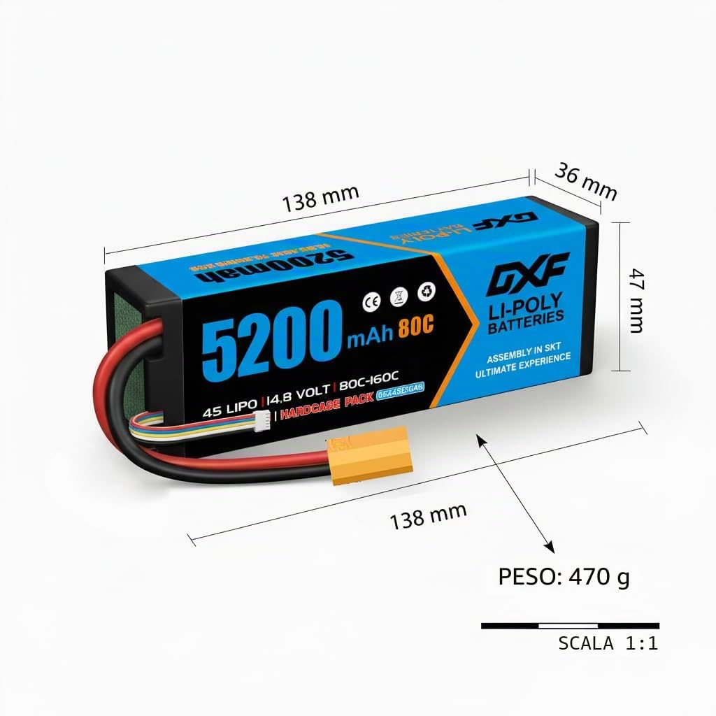 DXF Batteria LiPo 4S 14.8V 5200mAh 80C Spina XT90 Auto RC 1/8 1/10 Truck Buggy Touring Car Compatta Leggera Potente Affidabile Gare Racing Modellismo 1 Pezzo