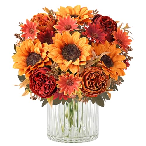 MEIVINES Artificial Sunflowers 2 Bunches Artificial Flowers Fake Silk Sunflower Peonies Bouquets for DIY Craft Wedding Party Office Home Decoration (Orange&Red)