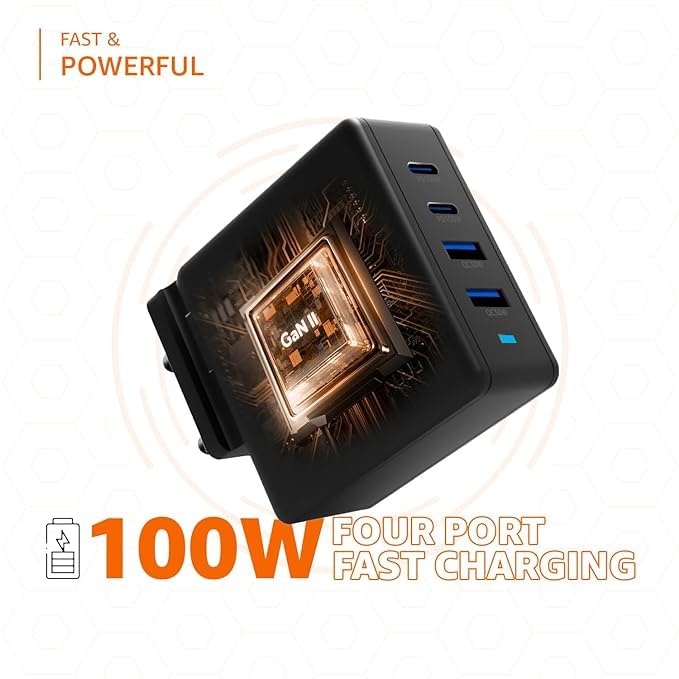 Image of (Refurbished) ‎AB-AMZ-100W-GaN-TC 100W 4-Port GaN Charger | PD QC3.0 QC4.0 PPS Fast Charging Compact Adapter with Foldable Pins, for All Devices Black