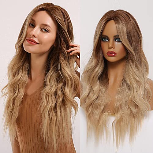 Long Wavy Blonde Wig for Women - 26inch Light Ash Blond Brown Synthetic Middle Part Heat Resistant Hair for Everyday/Party/Cosplay