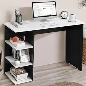 ABOUT SPACE Study Table with 3 Tier Bottom Storage - Modern Tabletop Computer Table for PC, Laptop, Writing Office Table with Open Bookshelf Lower Storage [Black Mahogany & White-L103 x B40 x H76 cm]