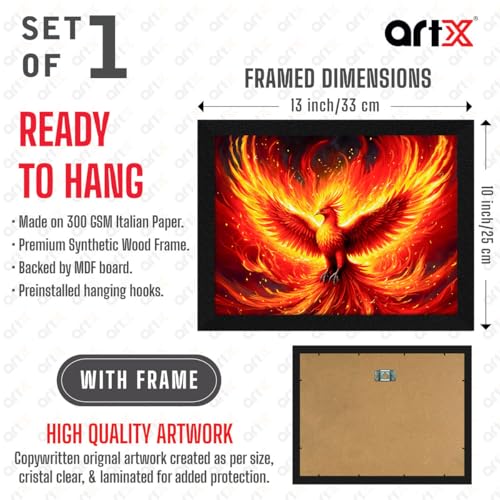 Image of ArtX Paper Phoenix Bird Picture As Per Vastu, Big Size Wall Art, Rising Phoenix Painting, Wall Decor, Multicolor, Nature, 10.0 X 13.0 inch, Set of 1