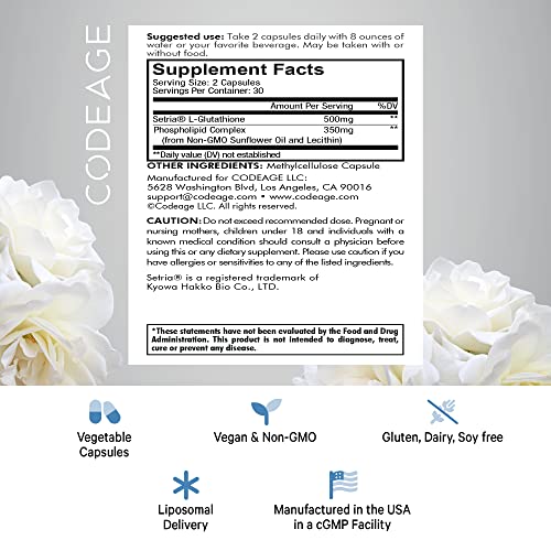 Codeage Liposomal Glutathione Supplement - Pure Reduced Setria L Glutathione Skin - Nano Encapsulated Glutathione Powder Pills - Phospholipids - Antioxidant Complex - Vegan, Non-Gmo - 60 Capsules #TOP1
