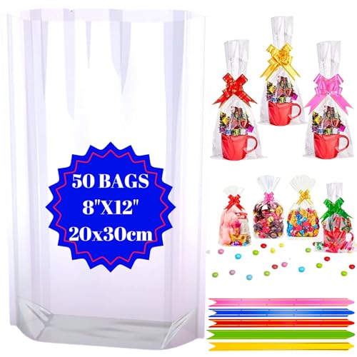 MAARA Cellophane Bags Pack of 50 (8X12/20X30CM) Medium Clear Sweet Bags Food Safe Cookie Bags With Bows Treat And Party Bags For Mugs Flat Bottom Plastic Cellophane Gift Bags