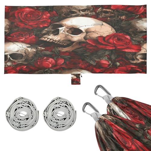 Haskirky Skulls and Roses Camping Hammock, Single Portable Hammocks with Tree Straps & Attached Carry Bag, 330Lbs Capacity Perfect for Outside Indoor Hiking Beach Backpack Travel