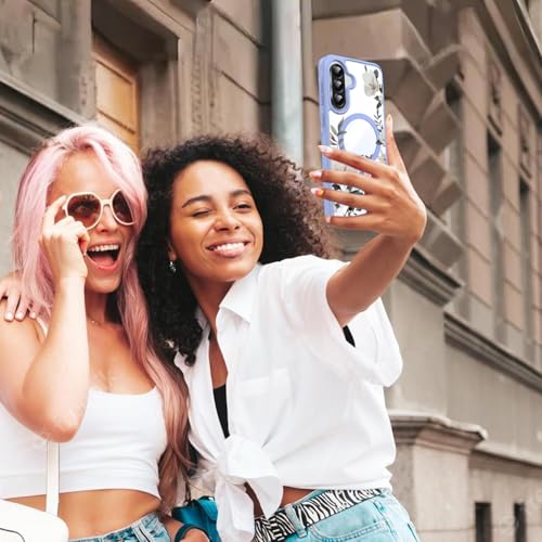 Image of VONZEE Compatible with Samsung Galaxy A36 5G Case Luxury Retro Flowers Floral Clear for Magnetic Wireless Charging Case Shockproof Case PC+TPU Cute Glossy Shiny Cover for Girls Women, Official Blue