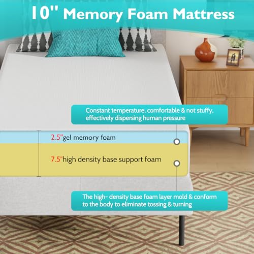 Image of FDW | 10 Inch Twin XL Mattress | Medium Firm | Gel Memory Foam Mattress | White | Bed in a Box, CertiPUR-US Certified | Pressure Relief, Cooling Ventilated Foam | Washable Removable Cover