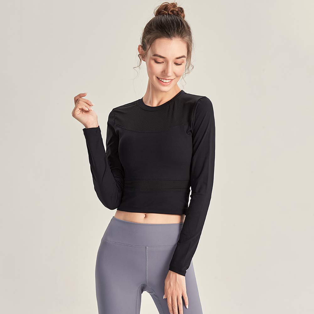 Women Yoga Workout Crop Shirts Mesh Splicing Long Sleeves Running Shirt Athletic Tops-image-8