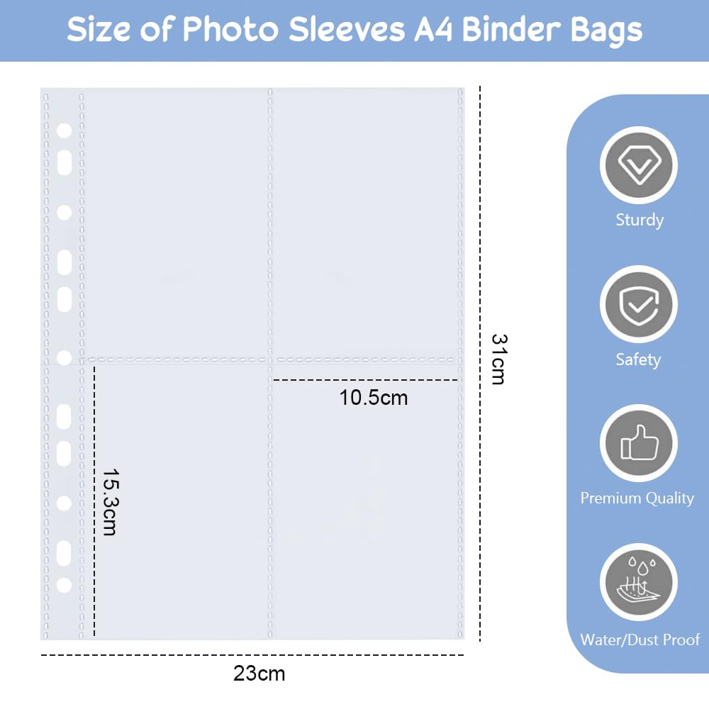 REFORUNG 60 Stück Fotohüllen,A4 PP Klarsichthüllen, 4 Fach Prospekthüllen Transparent Sammelhüllen 11 Löcher Ringbüchern Fotosichthüllen für Familien Hochzeits Tauschen（31cm X 23cm）