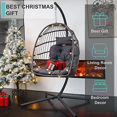 Switte Hanging Egg Chair With Stand, Egg Swing Hammock Chair With Stand, Indoor Outdoor Wicker Egg Chair With Cushion Headrest For Patio Bedroom Porch Garden, 350Lbs Capacity(Dark Grey) #TOP1