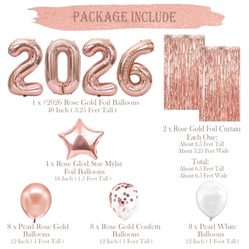 Image of JOJO FLY Rose Gold Graduation Decorations 2026, Rose Gold 2026 Balloons, Rose Gold and White Balloons Set, Foil Curtain, Graduation Balloons, Class of 2026