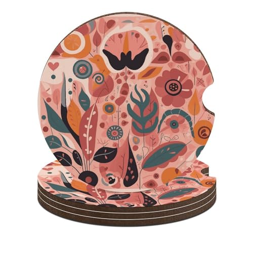 4 PCS Car Cup Holder Coasters Plant Elements Pattern Non-Slip Car Coasters Car Interior Accessories for Women Men