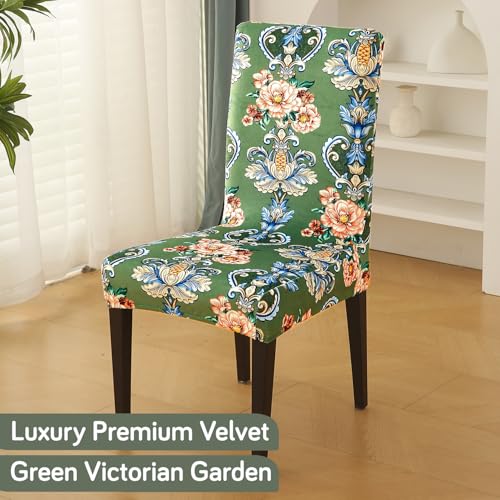 Image of HOKIPO Premium Printed Velvet Dining Chair Cover Set of 1, Green Victorian Garden (AR-5794-D4)