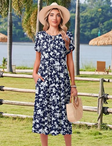 Image of HOTOUCH Women's Summer A-Line Midi Dresses 2026 Casual Floral Short Sleeve T-Shirt Dress Flowy Beach Sundress with Pockets
