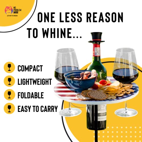 Wine Picnic Table Usa Flag, Upgraded Foldable Portable Round Bamboo Outdoor Beach Snack Tray, Mini Picnic Table #TOP2