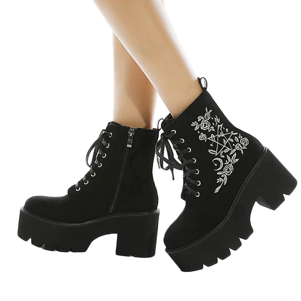 Minetom Damen Plattform Punk PU Stiefeletten Winterstiefel Kurzschaft Stiefel Boots Gothic Plateauschuhe Motorrad Schnürstiefel