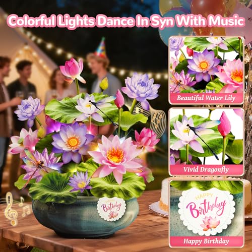 WUJUN Geburtstagskarten mit Musik & Licht, Pop-up Alles Gute zum Geburtstag-Karte, 25cm lebensgroße Ewige Blumenstrauß-Geschenke für Ehefrau, Mutter (Seerose & Lotos)
