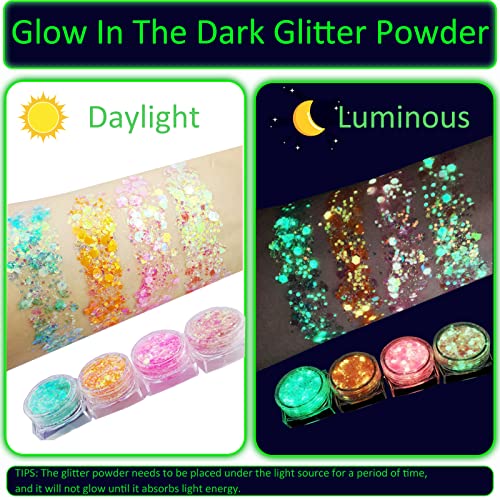 Glow In The Dark Face Glitter, Body Glitter For Women 12 Colors&Shapes Makeup Chunky Fine Glitter,Self-Adhesive Uv Black Light Glitter For Halloween Makeup, Cosmetic, Festival, Craft #TOP1